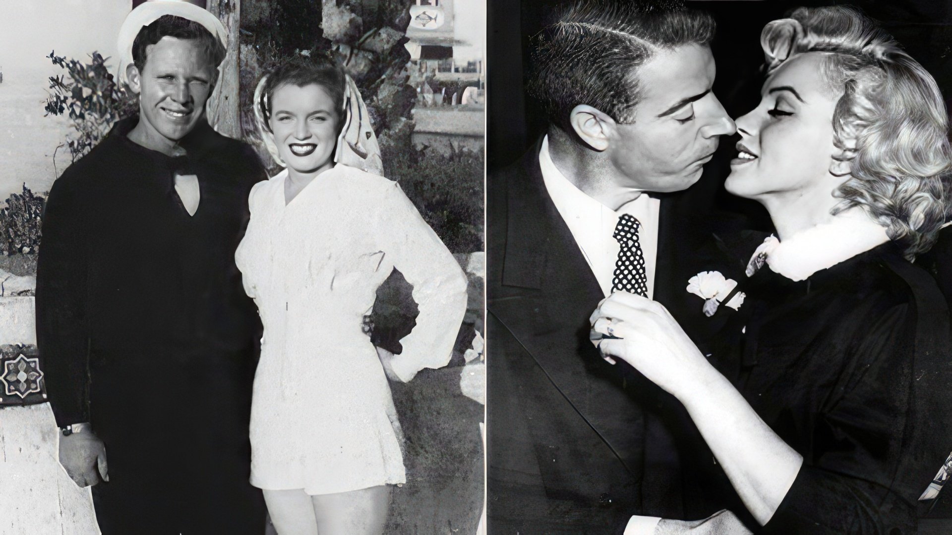 Marilyn Monroe e os seus ex-maridos: James Dougherty (esquerda) e Joe DiMaggio (direita)