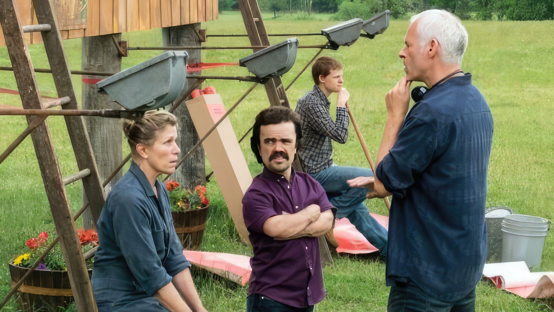Frances McDormand e Peter Dinklage no set de "Three Billboards"