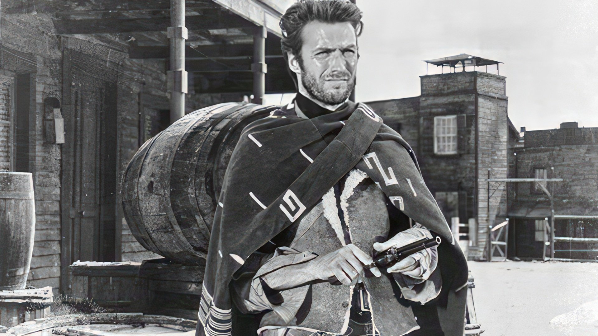 Clint Eastwood como o cowboy Joe no filme A Fistful of Dollars