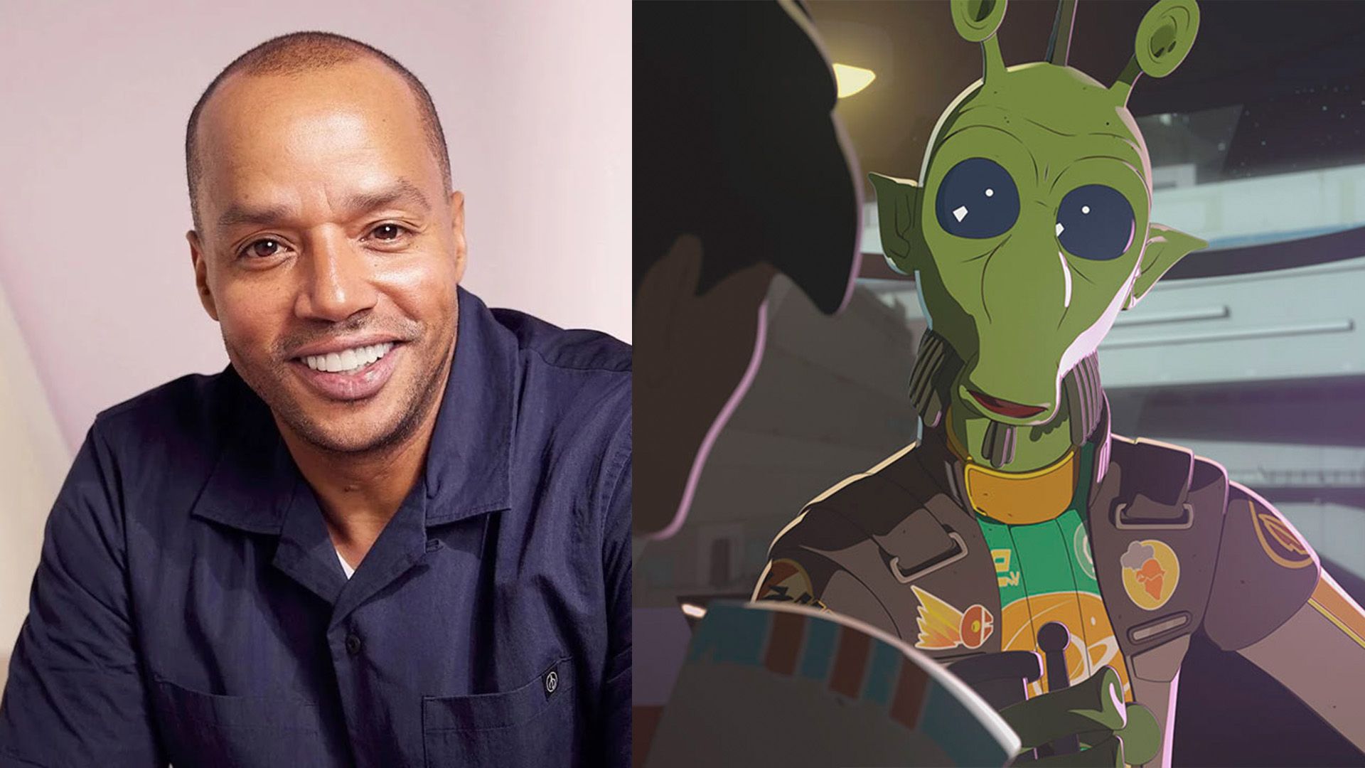 Colagem: Donald Faison e um alien verde desenhado com grandes olhos pretos, Hype Fazon