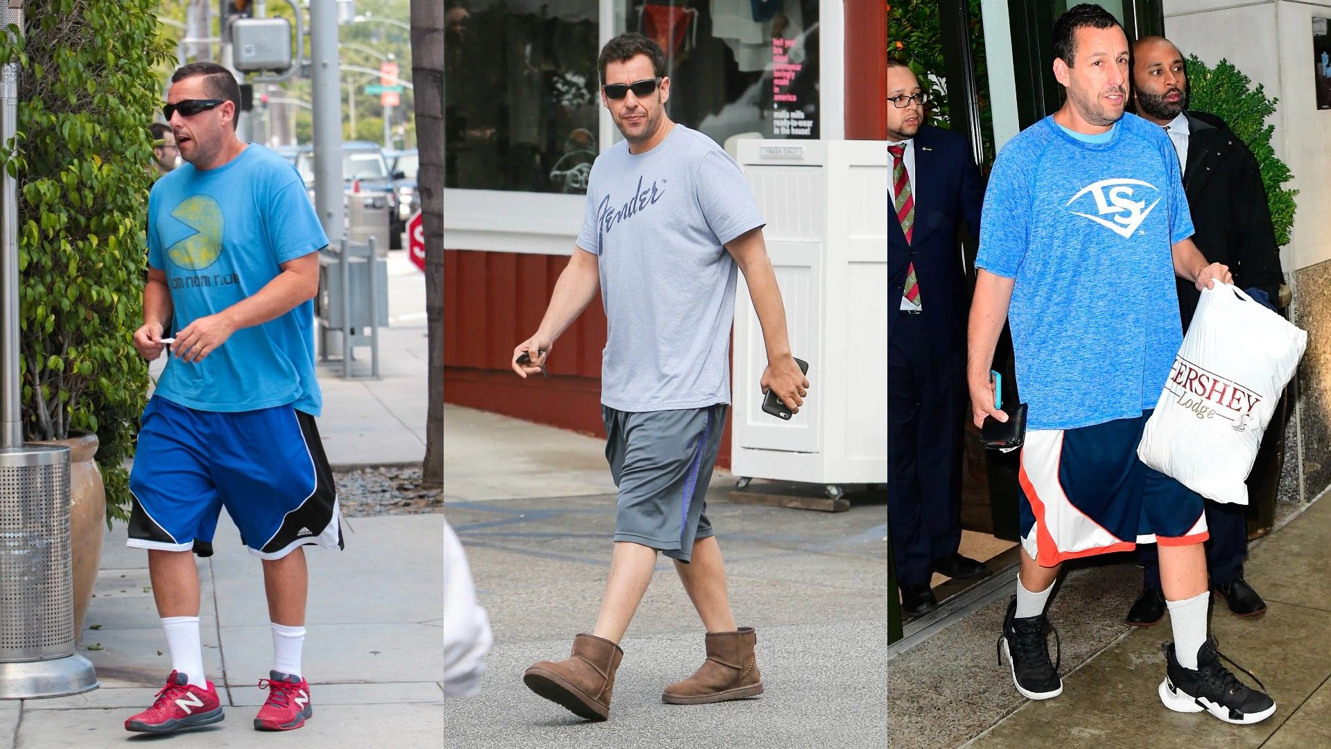 Colagem de 3 fotos de corpo inteiro de Adam Sandler em estilo descontraído