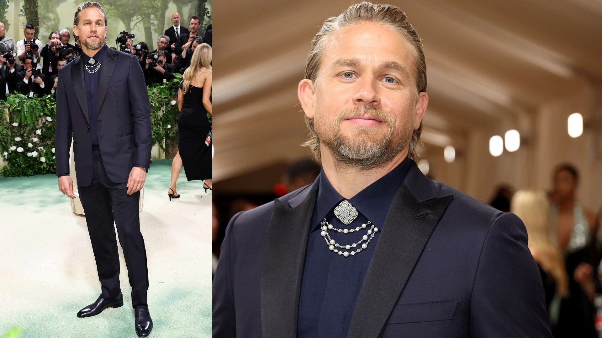 Charlie Hunnam num fato azul-marinho, foto do Met Gala 2024, colagem de 2 fotos
