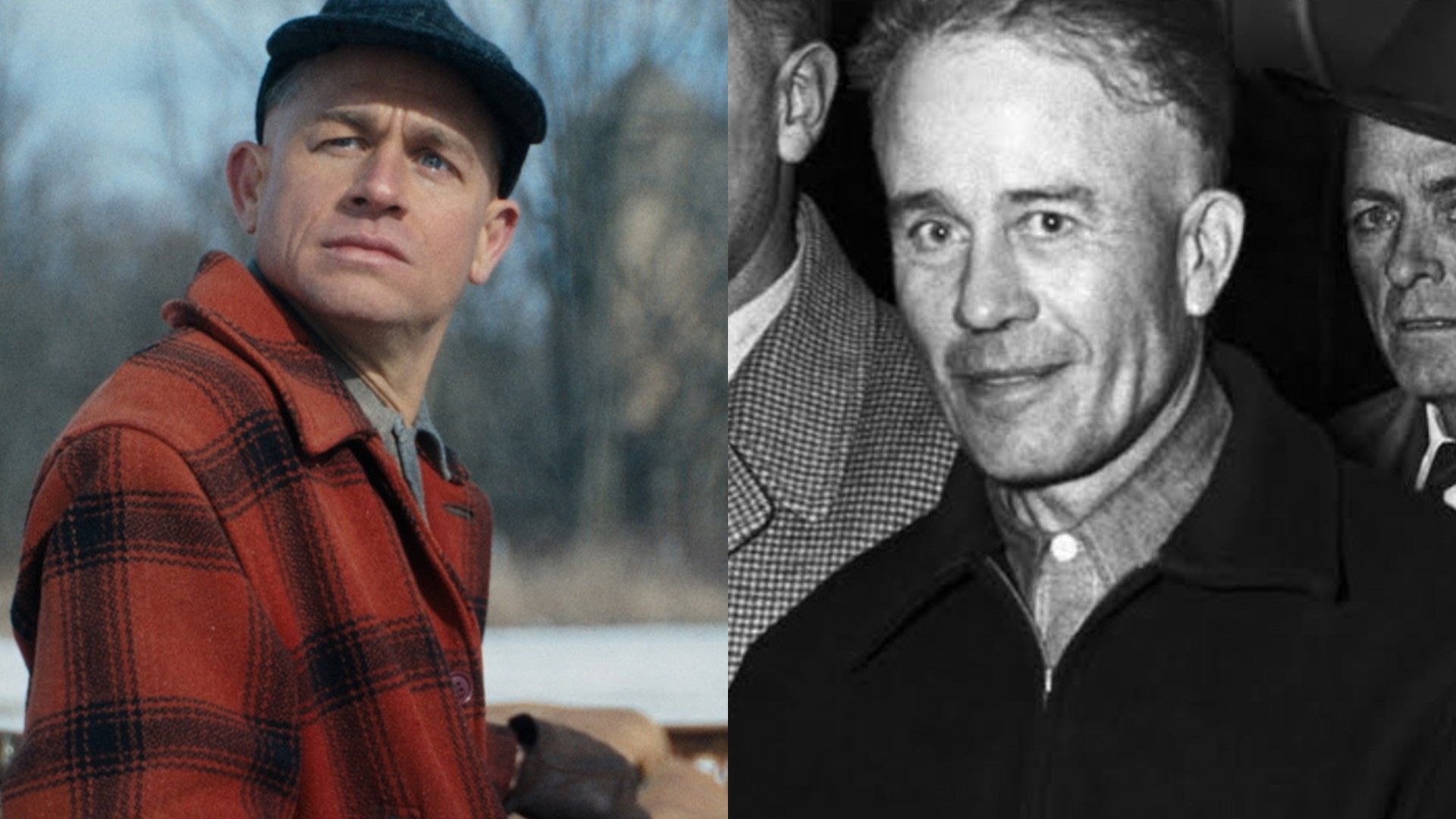 Colagem de duas fotos: Charlie Hunnam na série Monster: Ed Gein e o verdadeiro Ed Gein, foto a preto e branco