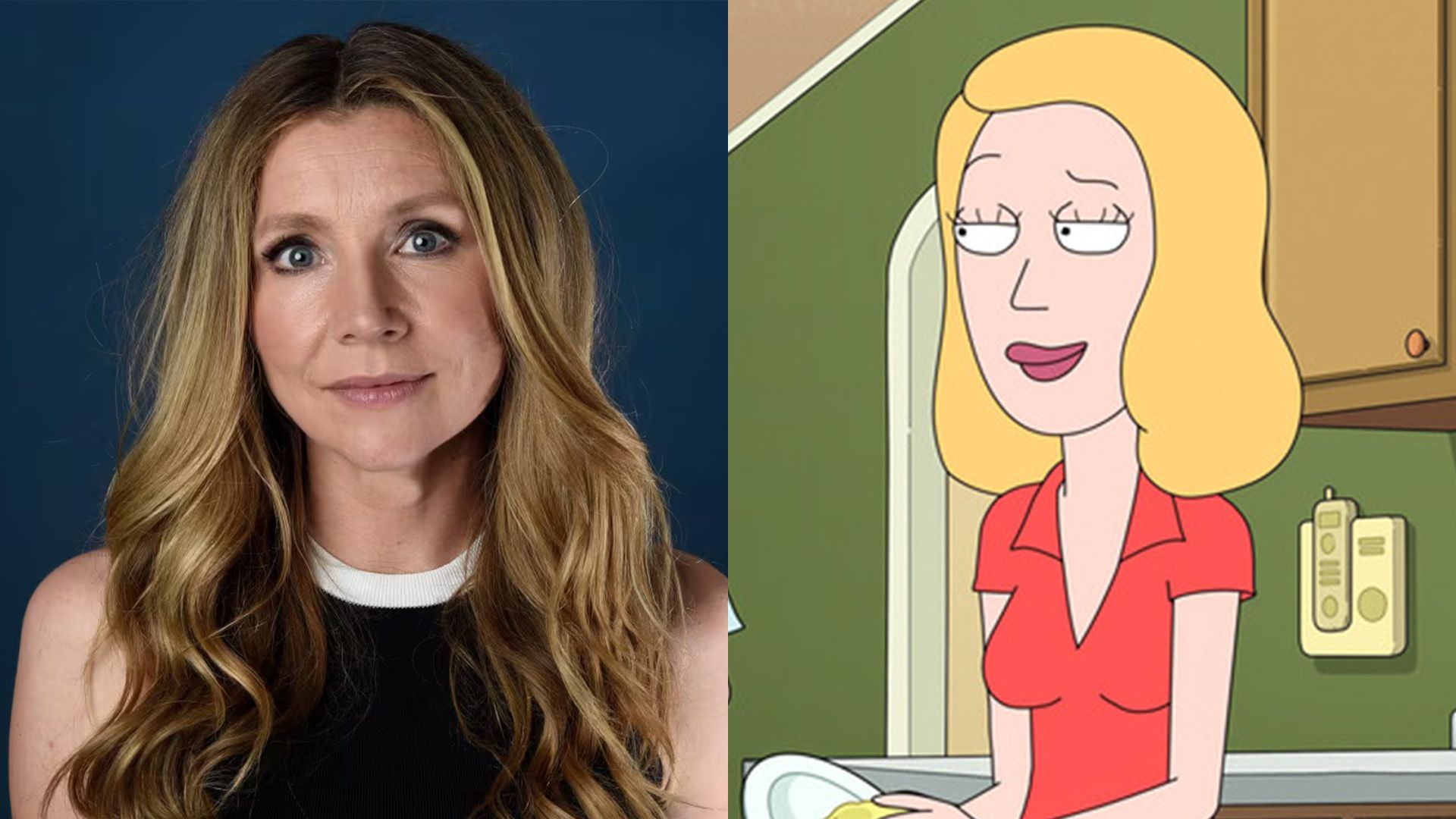 Colagem: Sarah Chalke em close-up; loira animada com uma t-shirt vermelha