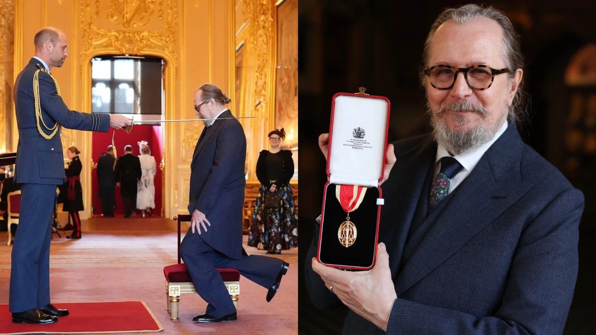 O Príncipe William arma Gary Oldman cavaleiro, colagem de duas fotos