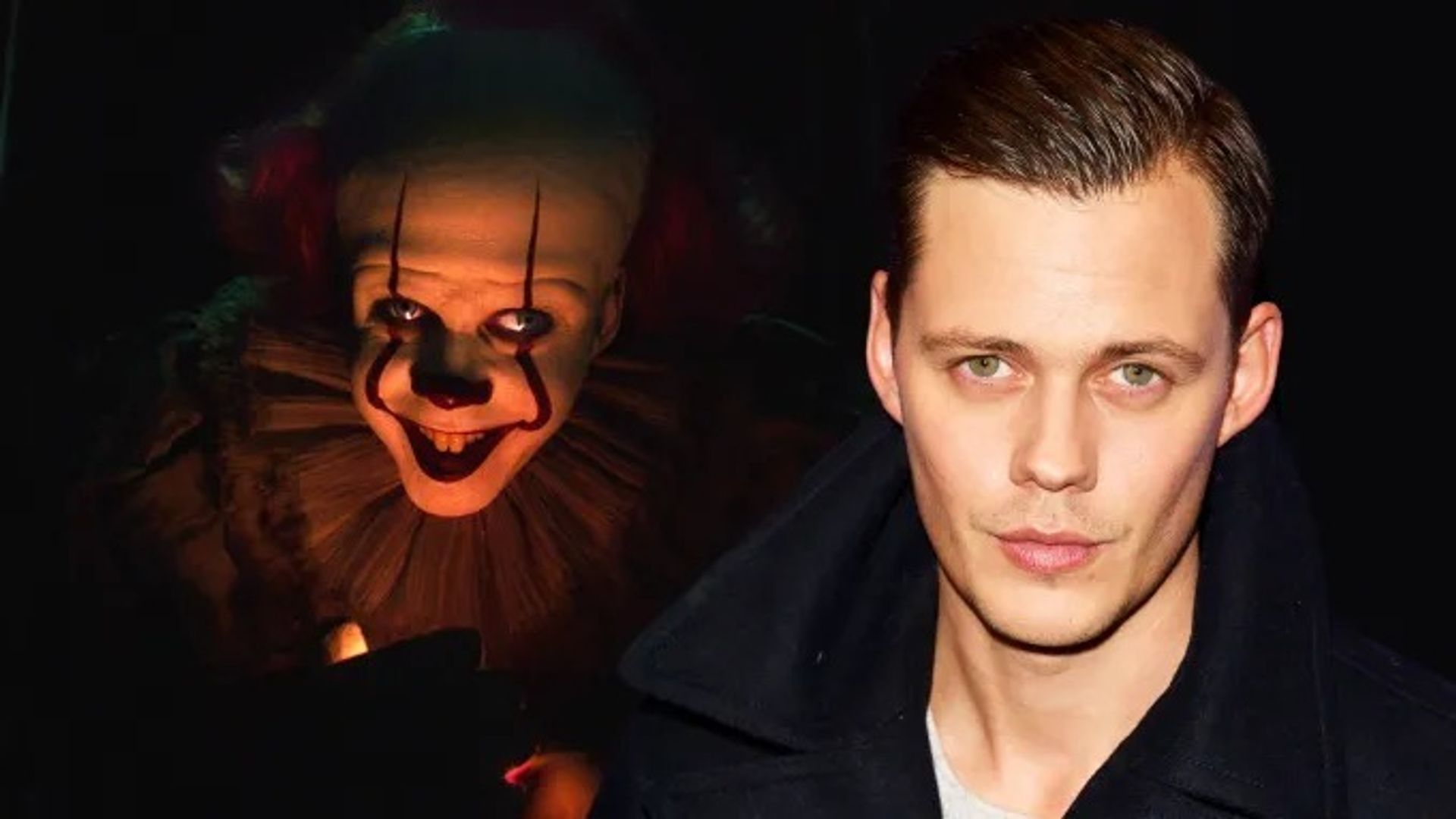 Retrato de Bill Skarsgård e dele maquilhado como Pennywise em "It"