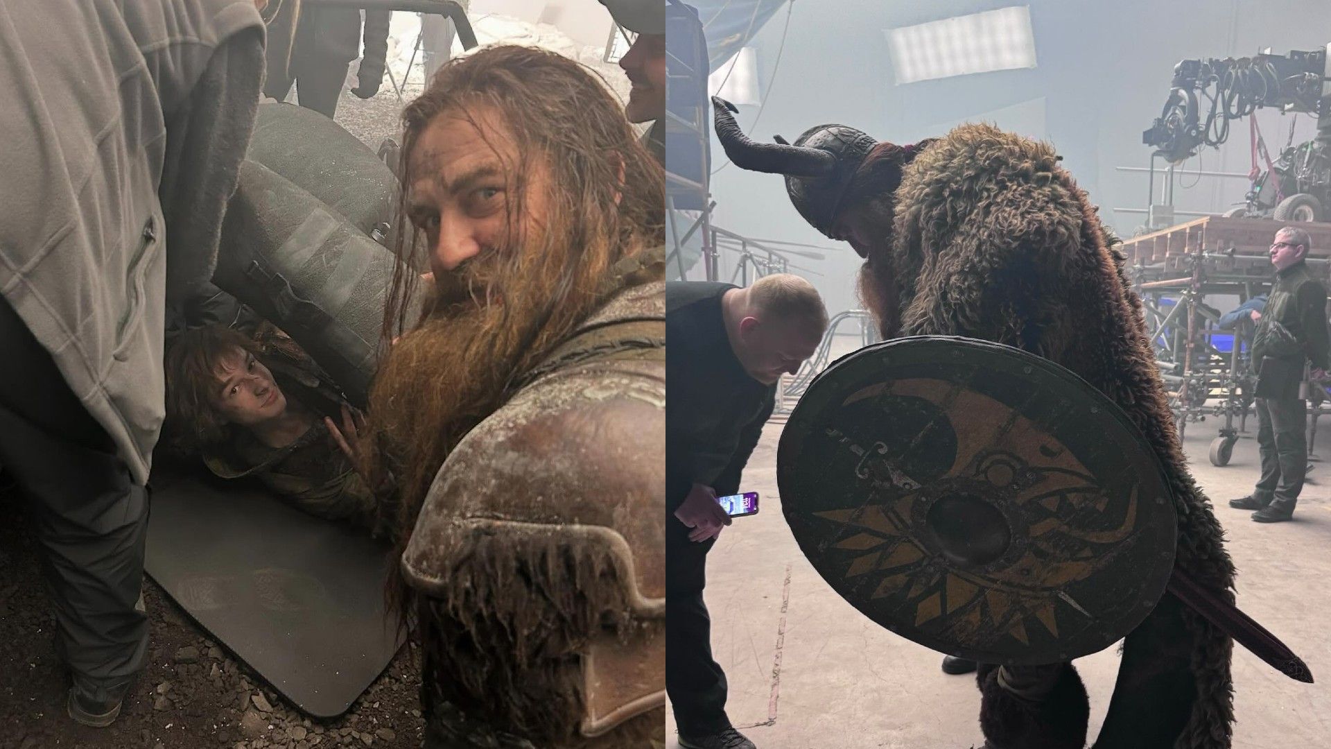 Gerard Butler com traje viking no set, colagem de duas fotos