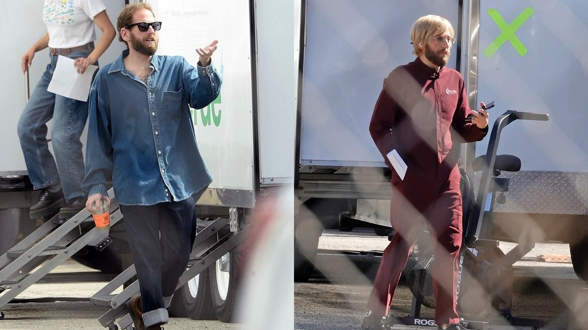 Jonah Hill no set de filmagens, colagem de duas fotos