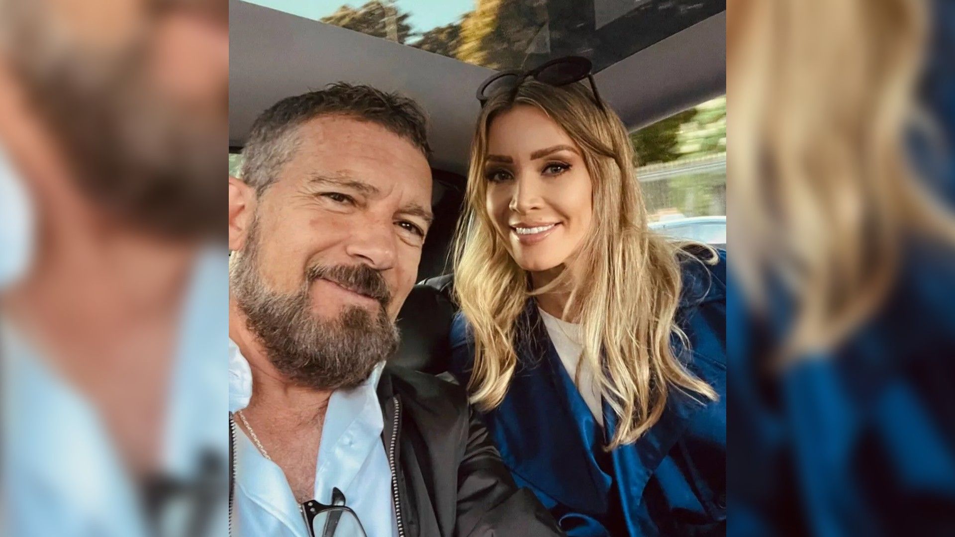 Antonio Banderas e Nicole Kempel a tirarem uma selfie juntos no carro