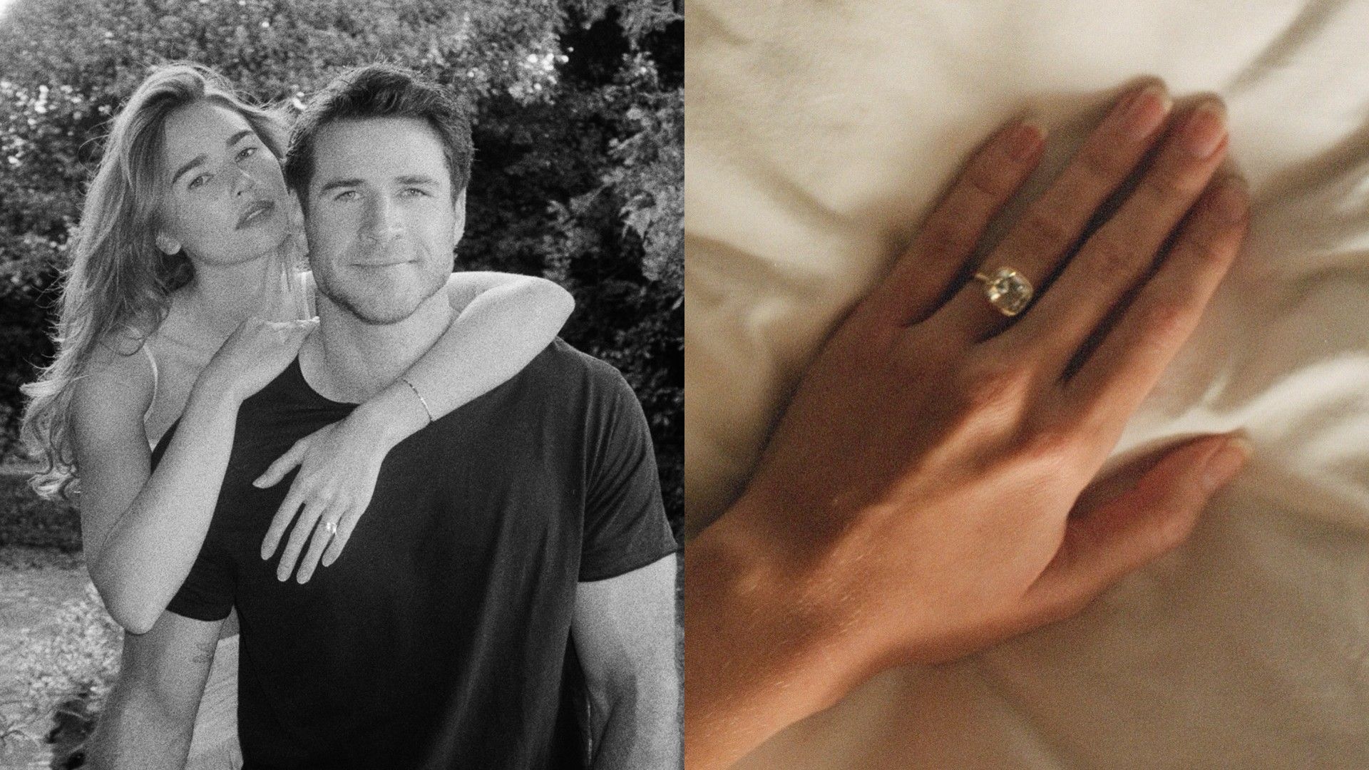 Liam Hemsworth e Gabriella Brooks abraçados, com foto do anel de noivado à direita