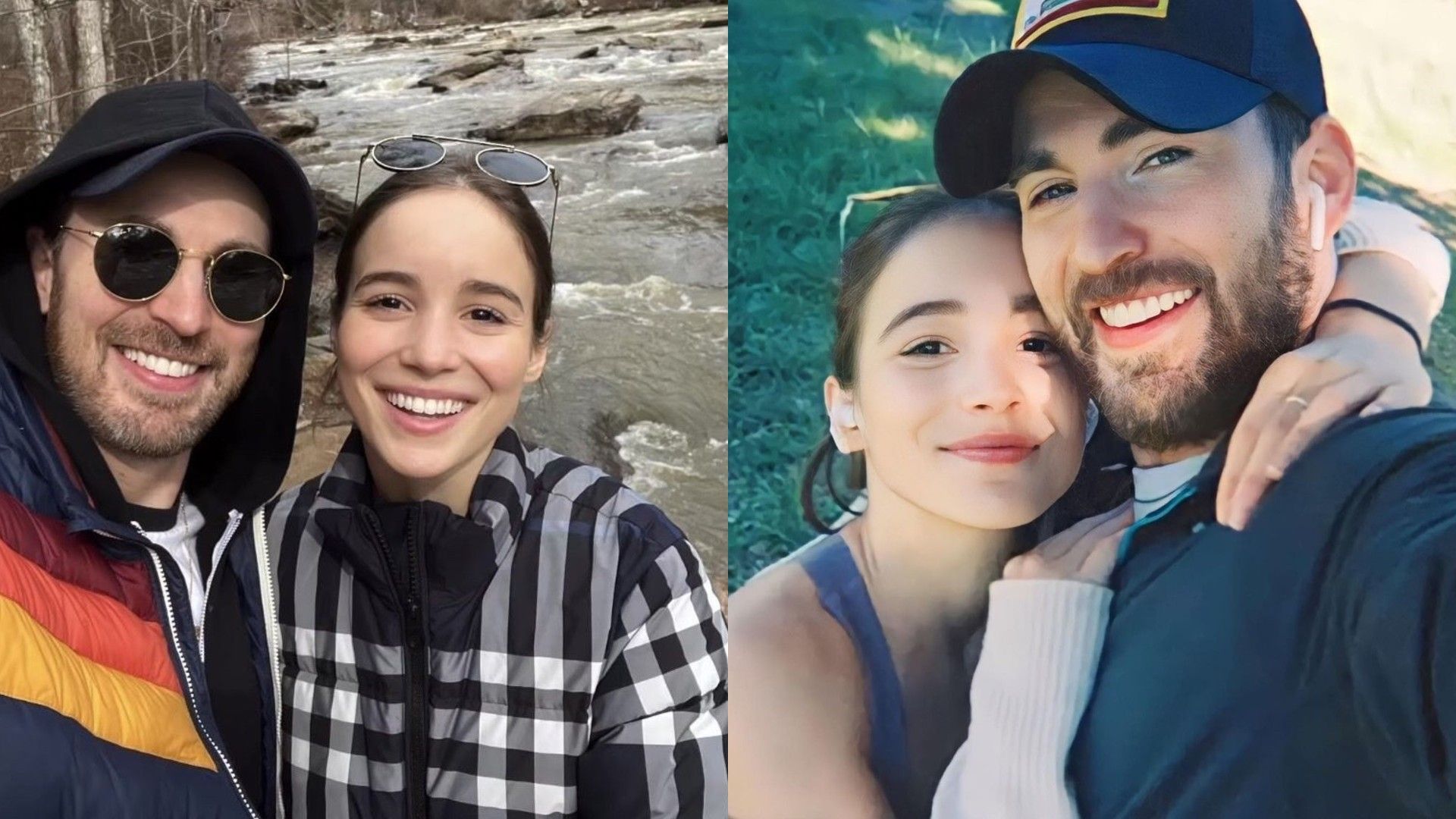 Chris Evans e Alba Baptista sorridentes em fotos juntos ao ar livre, abraçados e visivelmente felizes