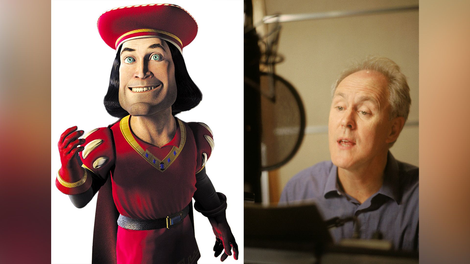 Colagem: à esquerda mostra a personagem Lord Farquaad do filme de animação "Shrek"; à direita mostra John Lithgow ao microfone