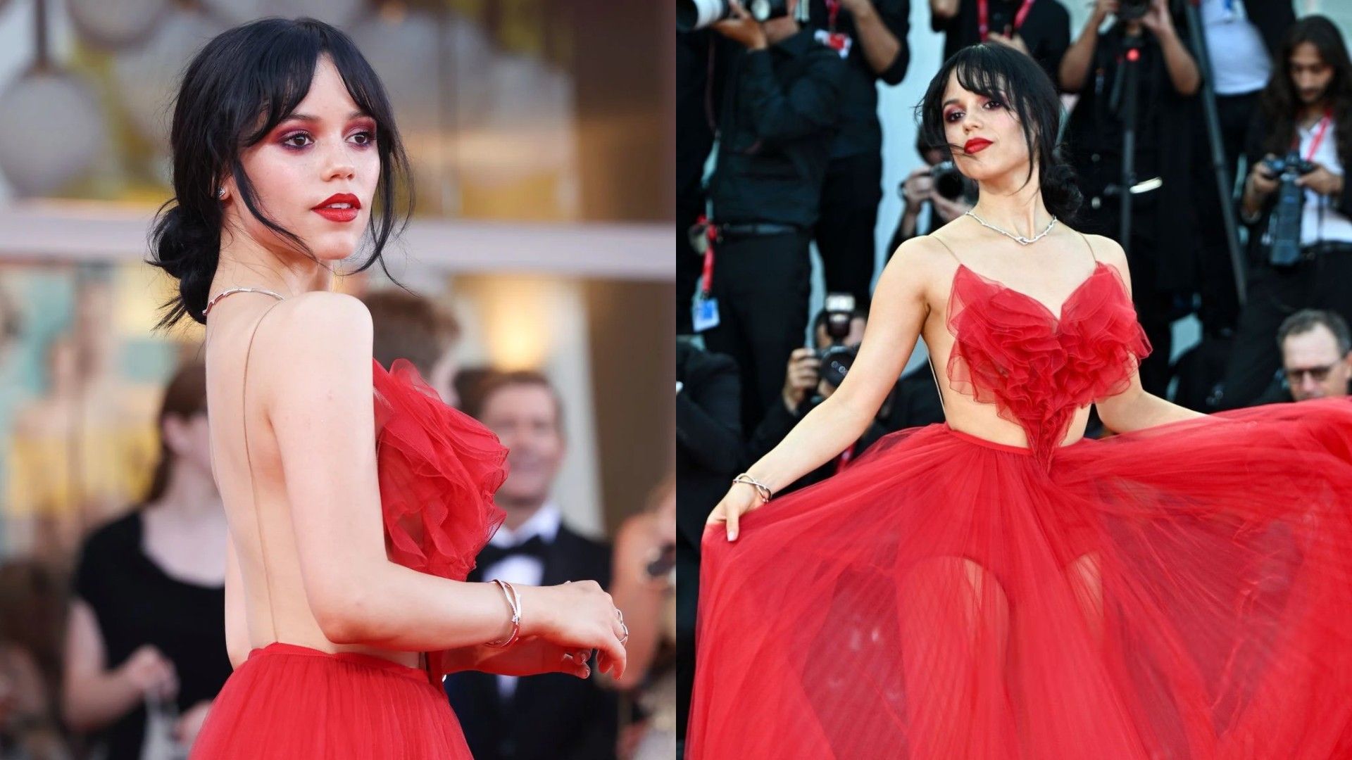 Jenna Ortega num vestido vermelho com costas abertas e detalhe de coração no peito, colagem de duas fotos