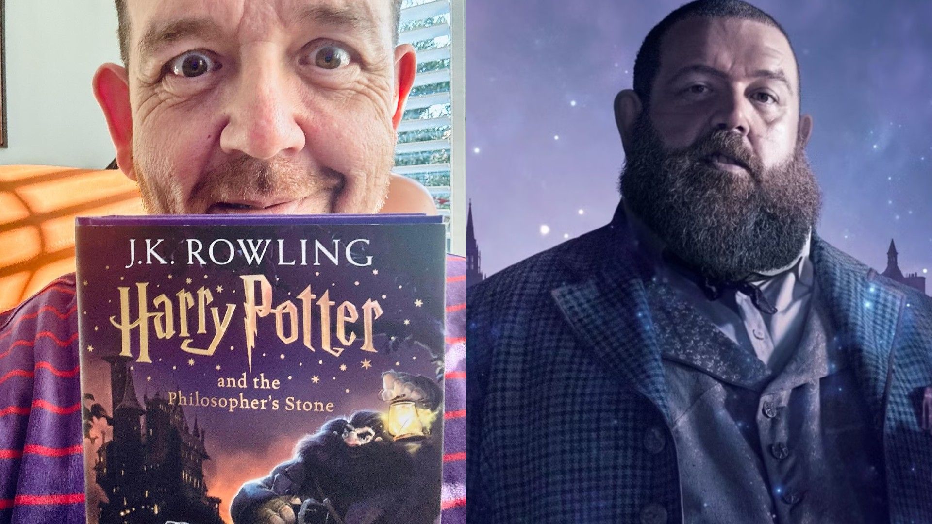 À direita, Nick Frost contra um fundo roxo de fato, à esquerda ele segura o livro "Harry Potter and the Philosopher's Stone"
