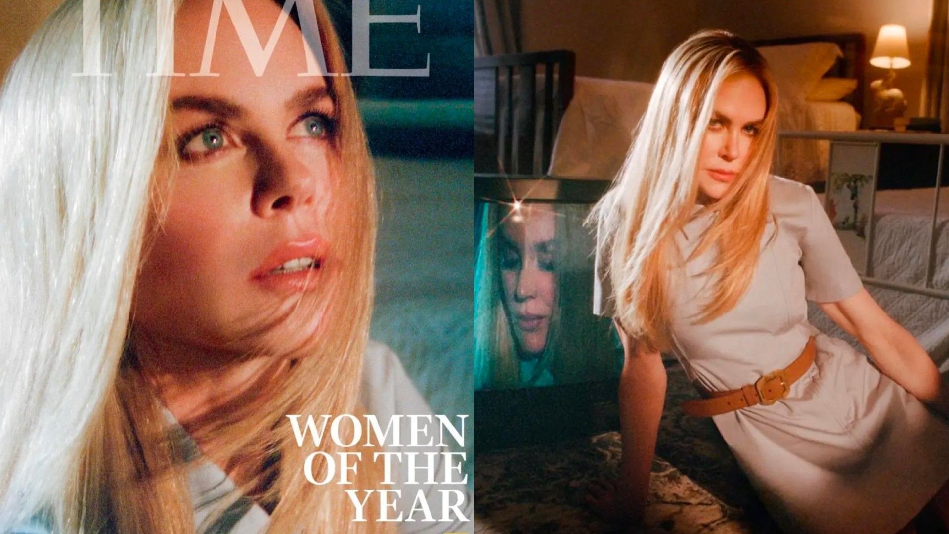 Colagem de fotos de Nicole Kidman, à esquerda na capa da revista Time, à direita posando no chão com um vestido bege
