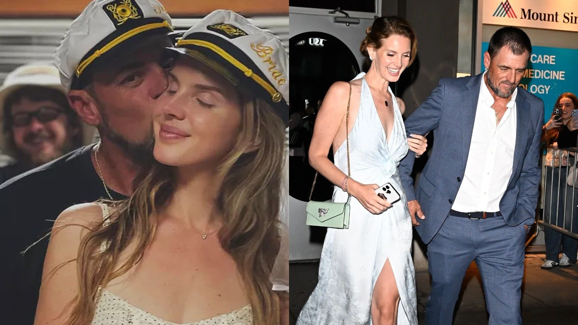 Lana Del Rey e o marido Jeremy Dufrene, à esquerda homem beija mulher com boné de capitão, à direita o casal caminha junto, ela com vestido claro, ele de fato
