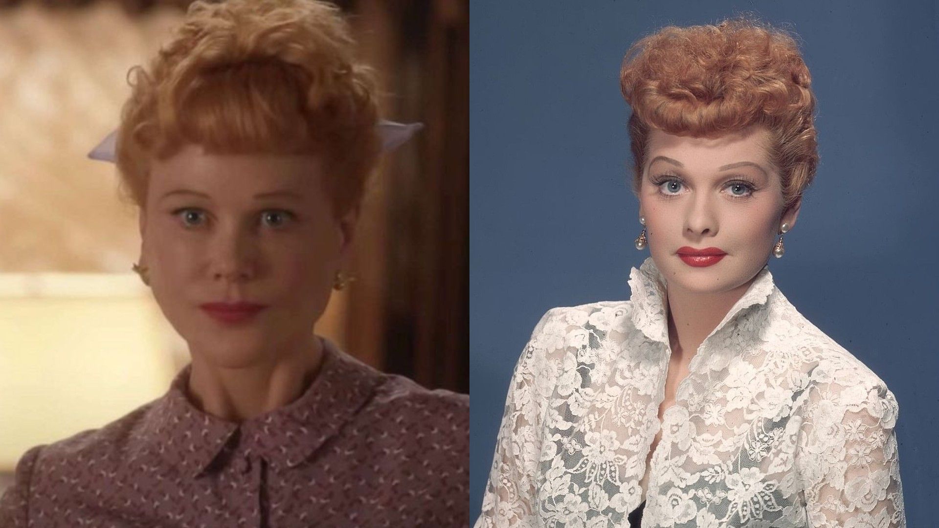 À esquerda Nicole Kidman maquilhada como Lucille Ball, à direita um retrato de Lucille Ball
