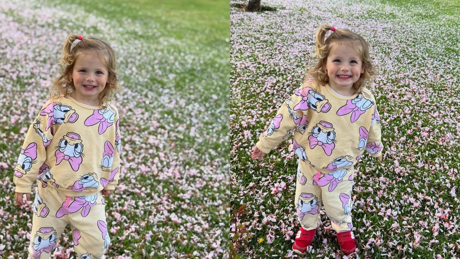 Colagem de duas fotos de uma menina em pijama com a Margarida Pata