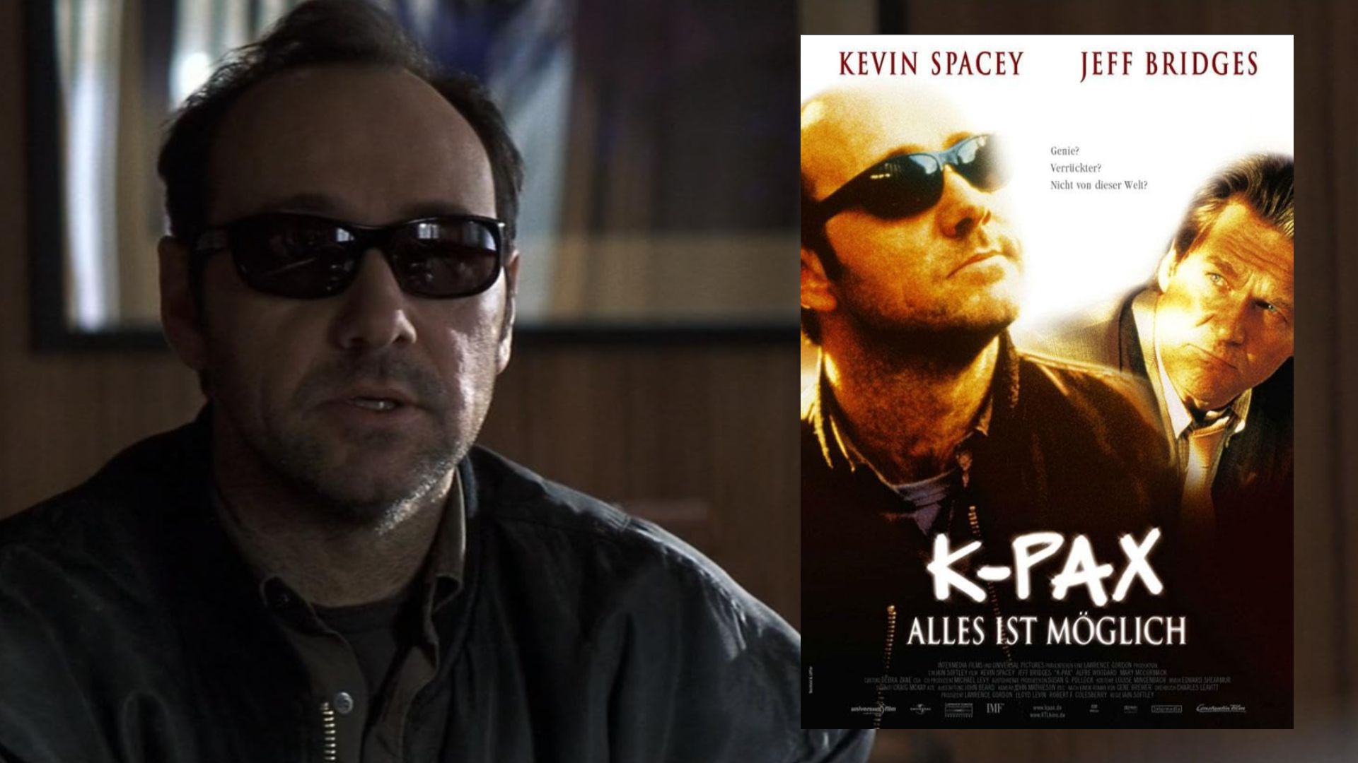 O ator Kevin Spacey de óculos e casaco escuro, ao lado de um poster do filme mostrando o ator junto com Jeff Bridges