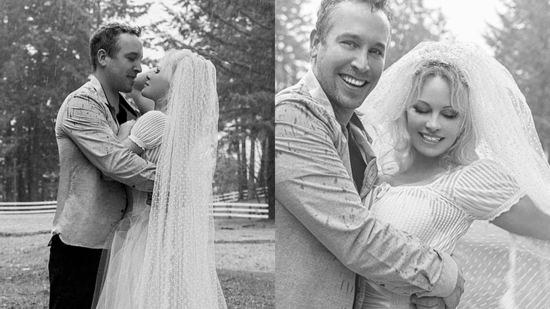 Pamela Anderson e Dan Hayhurst em traje de casamento, colagem de duas fotos a preto e branco