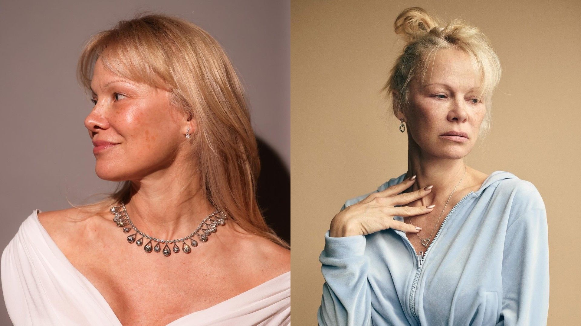 Pamela Anderson, colagem de duas fotos, ambas mostrando retrato da atriz sem maquiagem