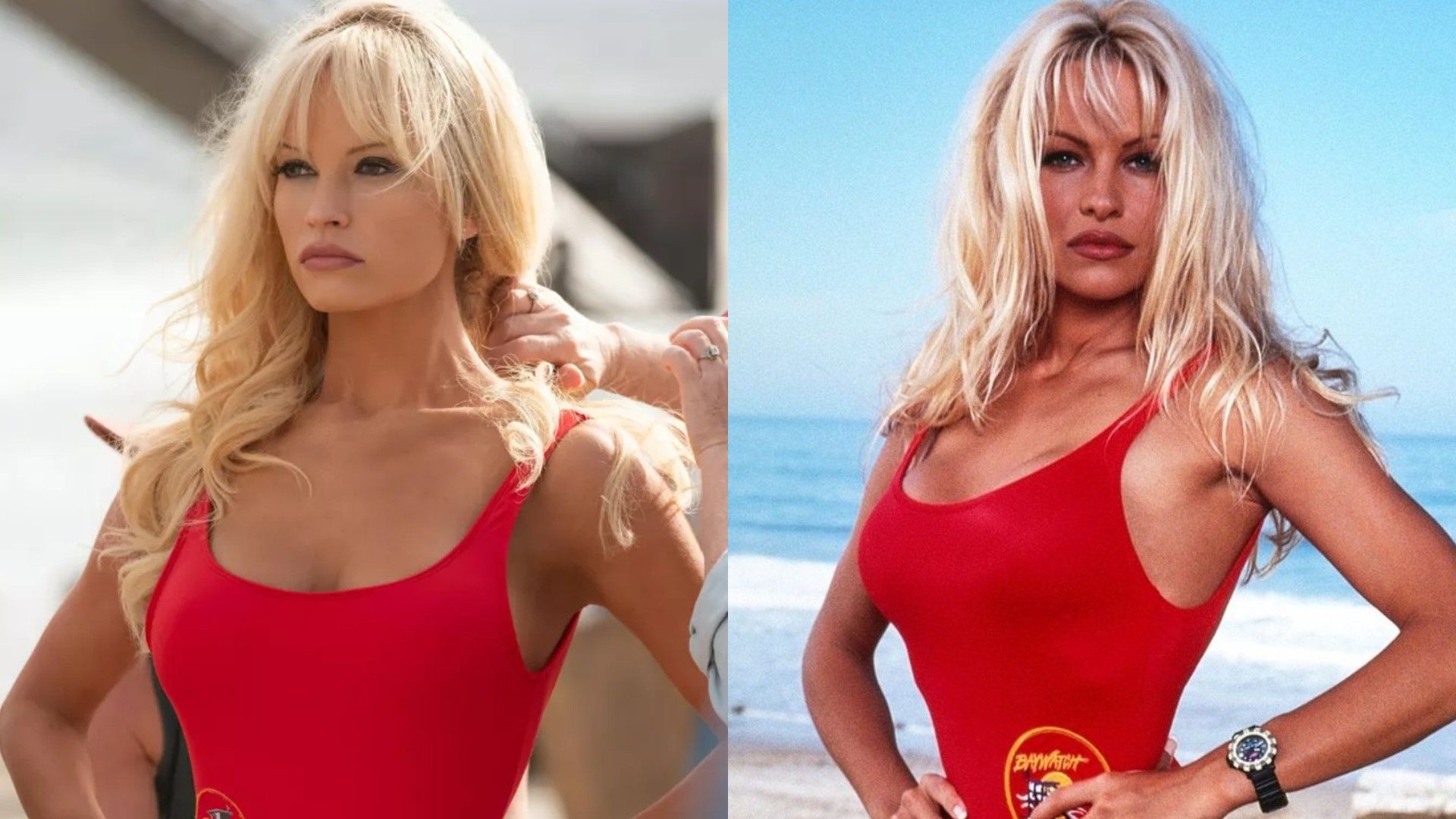 Duas mulheres em fatos de banho vermelhos a posar na praia: à esquerda—uma atriz no papel, à direita—a verdadeira Pamela Anderson de "Baywatch"