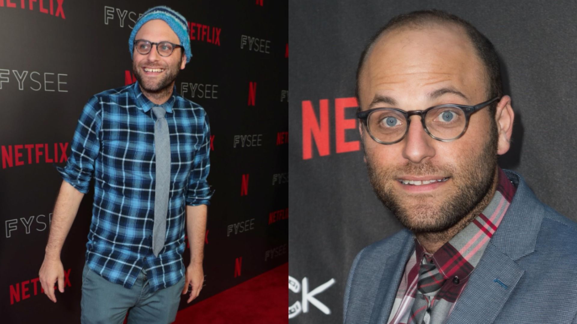 Comediante, argumentista e produtor Raphael Bob-Waksberg de blazer cinzento e óculos contra um fundo preto