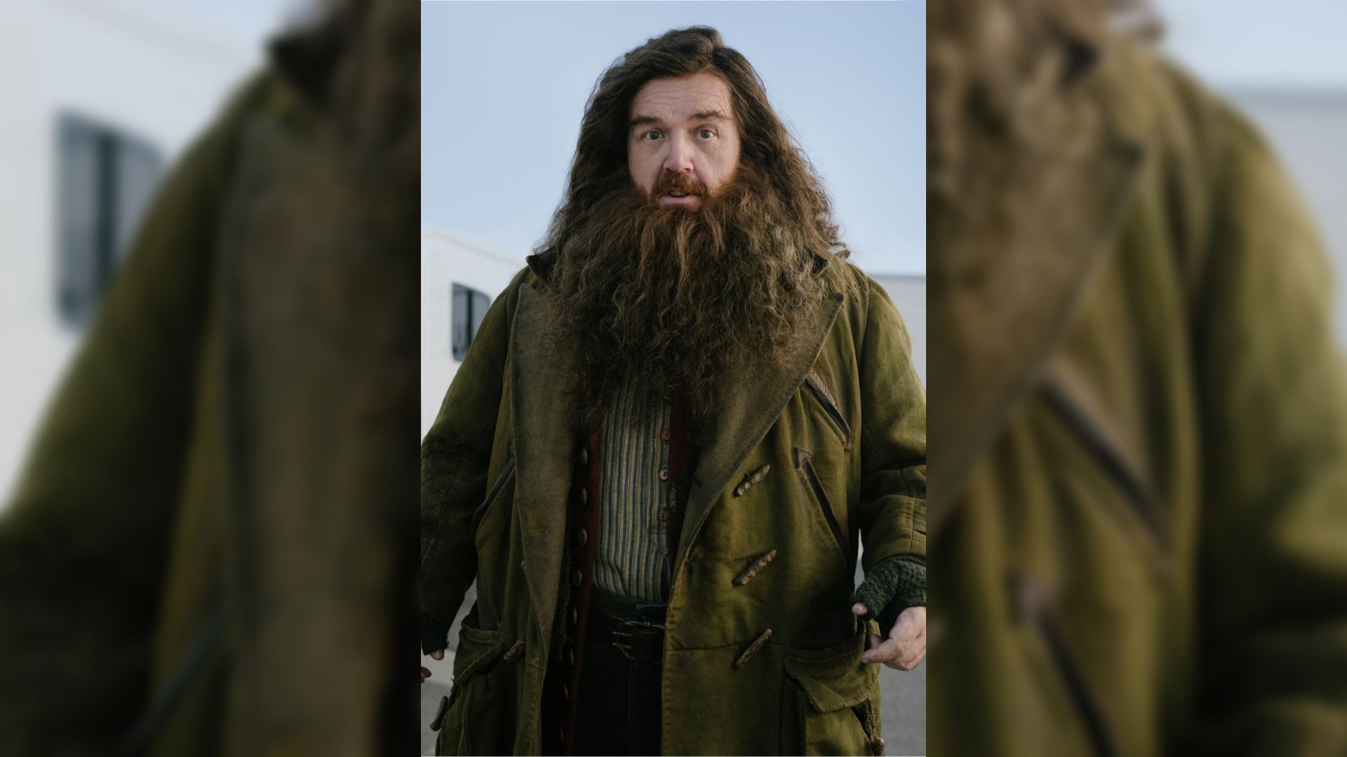 Ator Nick Frost num casaco verde com barba comprida e cabelo comprido