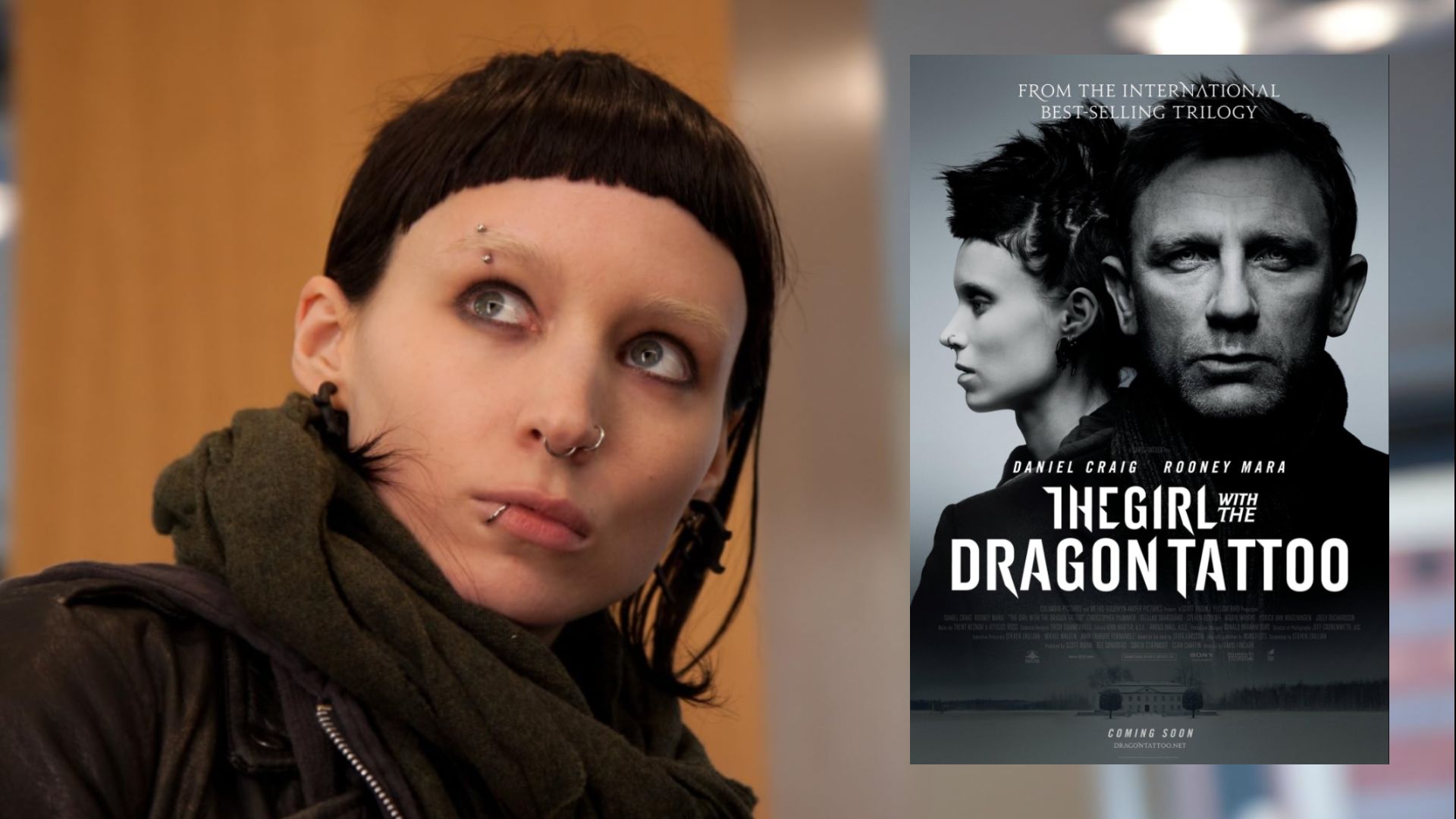 A atriz Rooney Mara com cabelo preto e um poster de filme onde ela está ao lado do ator Daniel Craig