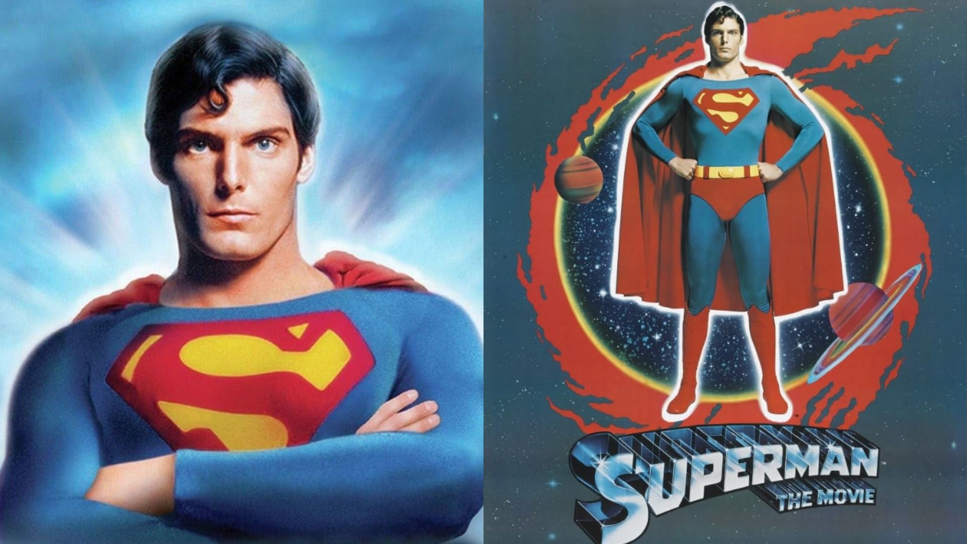 O ator Christopher Reeve de pé num fato de super-herói azul e vermelho com a letra S no peito