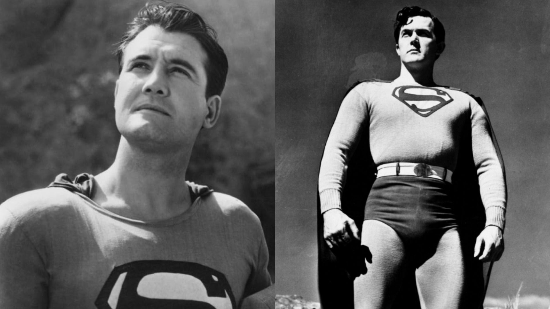 Atores Kirk Alyn e George Reeves em fatos de super-herói com a letra S no peito