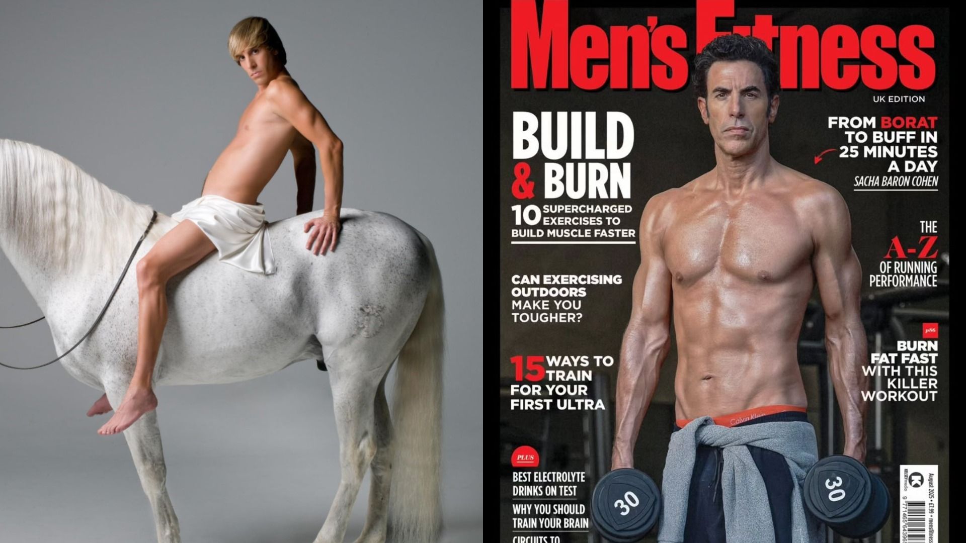 O ator Sacha Baron Cohen sentado montado num cavalo, à direita está numa capa de revista com halteres nas mãos