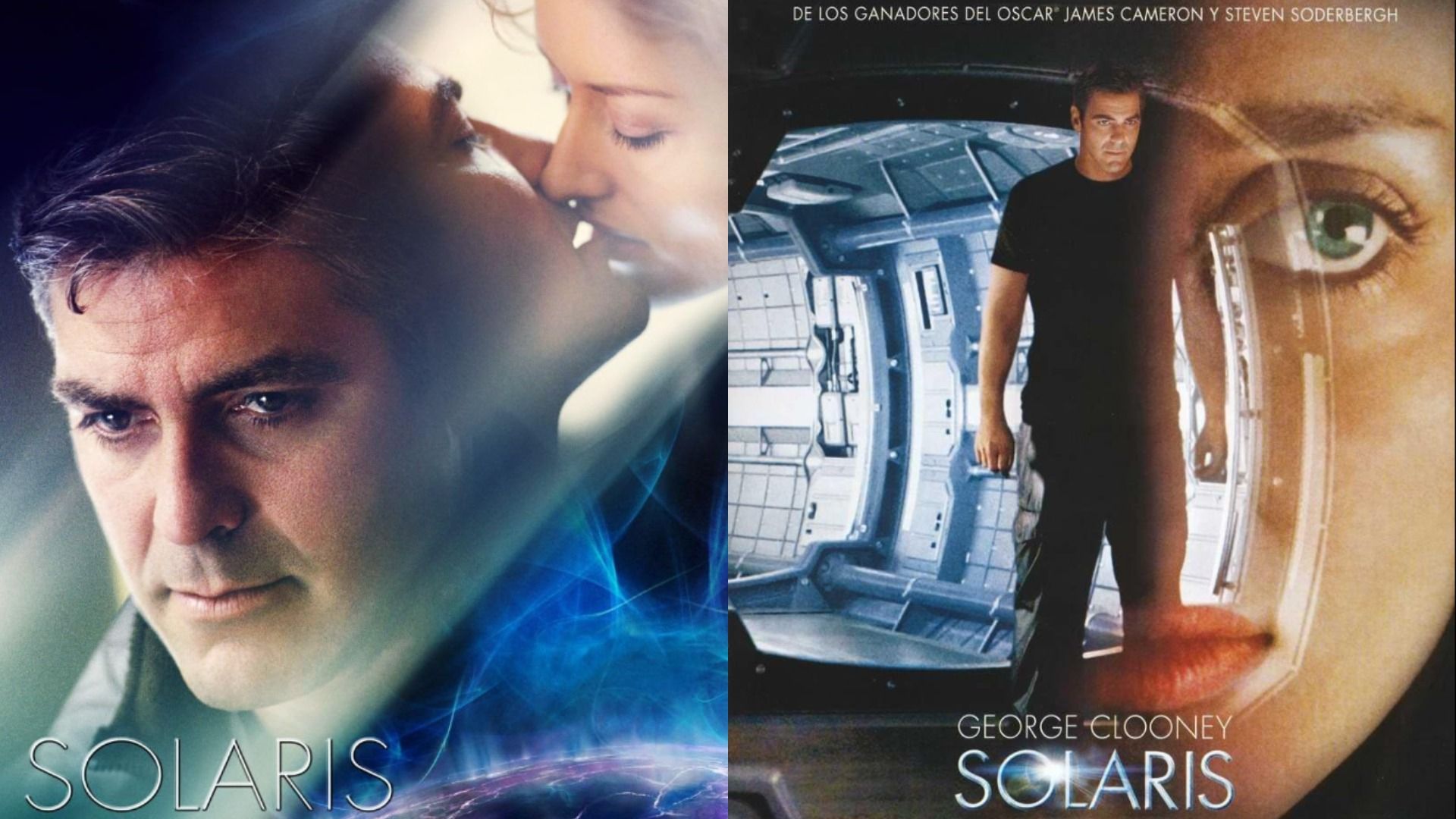 Cartaz mostrando o ator George Clooney a beijar a atriz Natascha McElhone, cartaz mostrando o ator de pé num corredor de nave espacial
