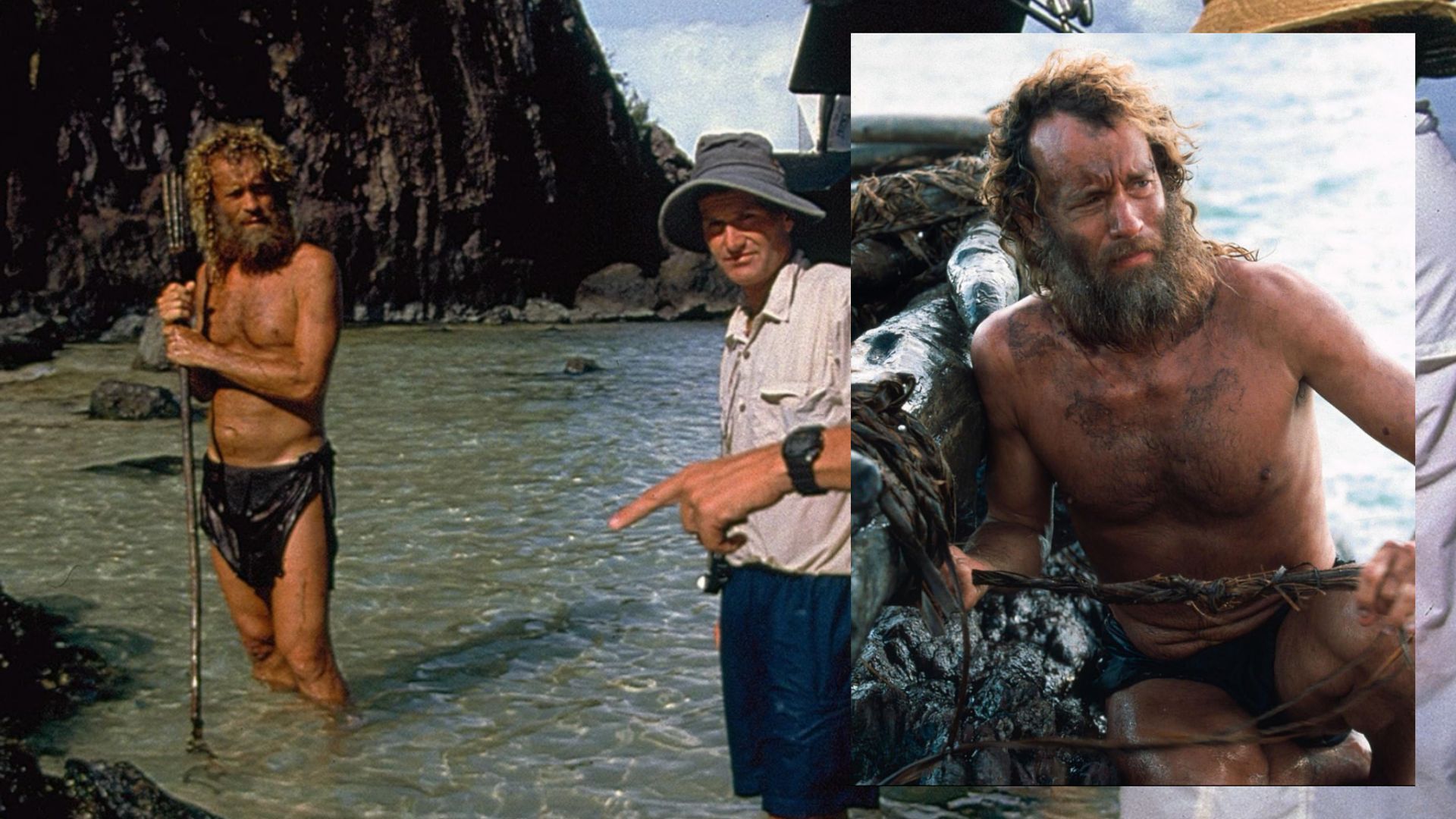 Ator Tom Hanks com um pau nas mãos está na água de frente para as falésias