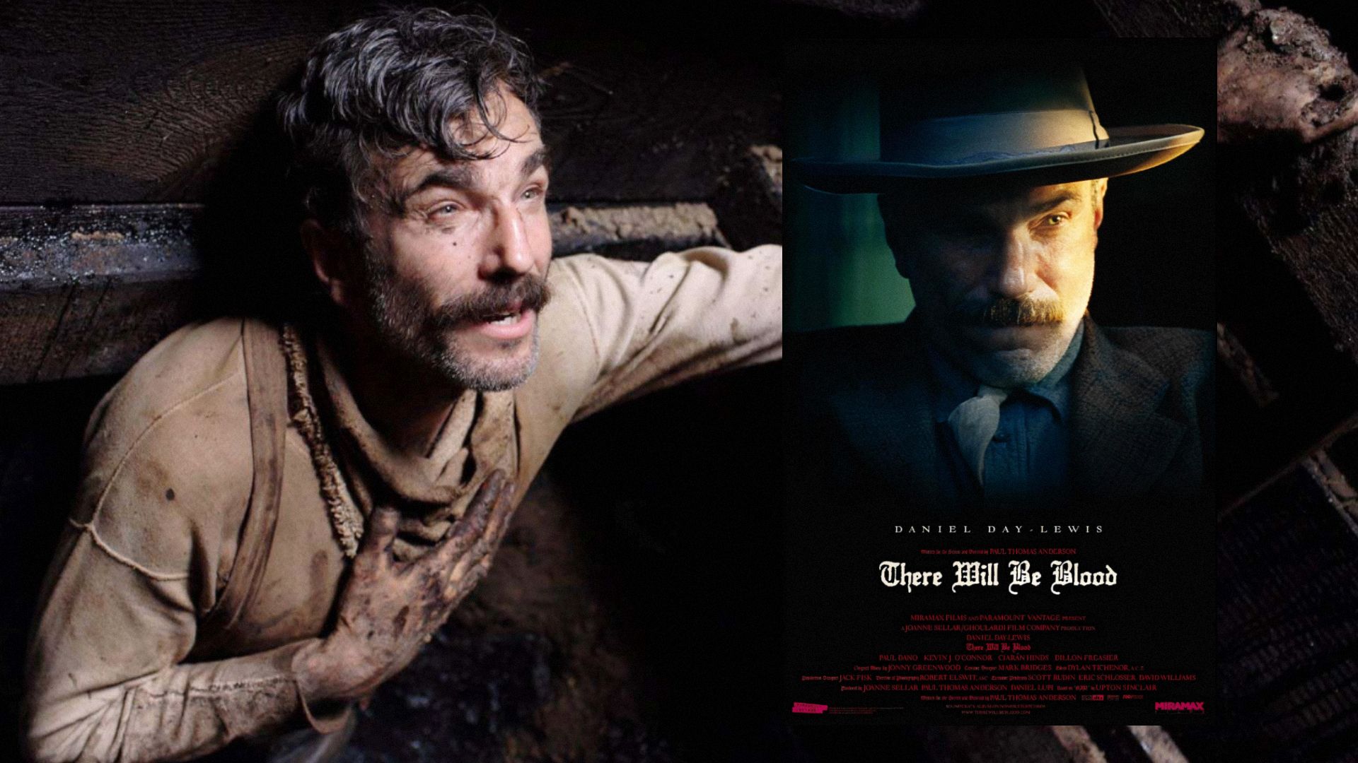Ator Daniel Day-Lewis com roupa branca suja, ao lado de um cartaz do filme mostrando o ator de fato e chapéu