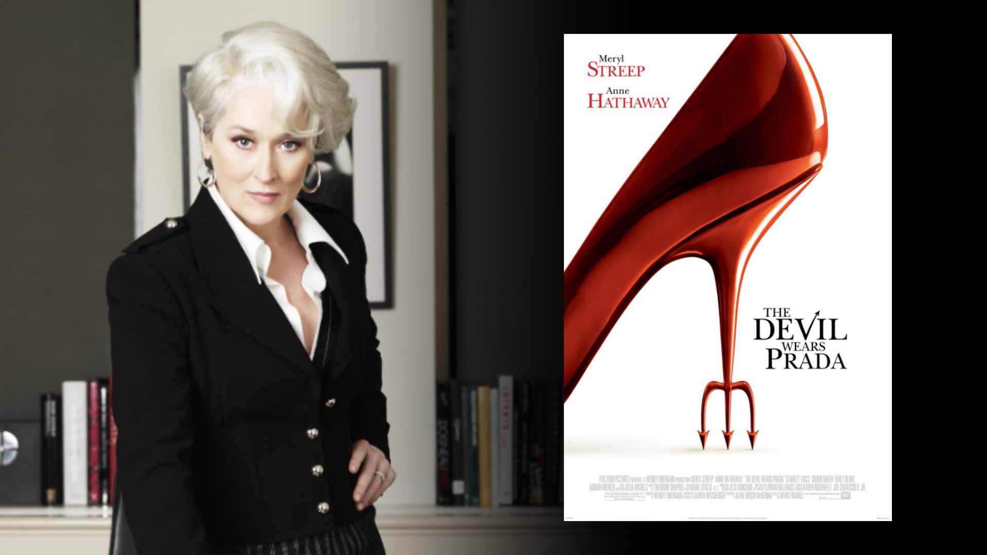 Atriz Meryl Streep num blazer preto junto a uma mesa, ao lado de um poster do filme com um salto alto vermelho