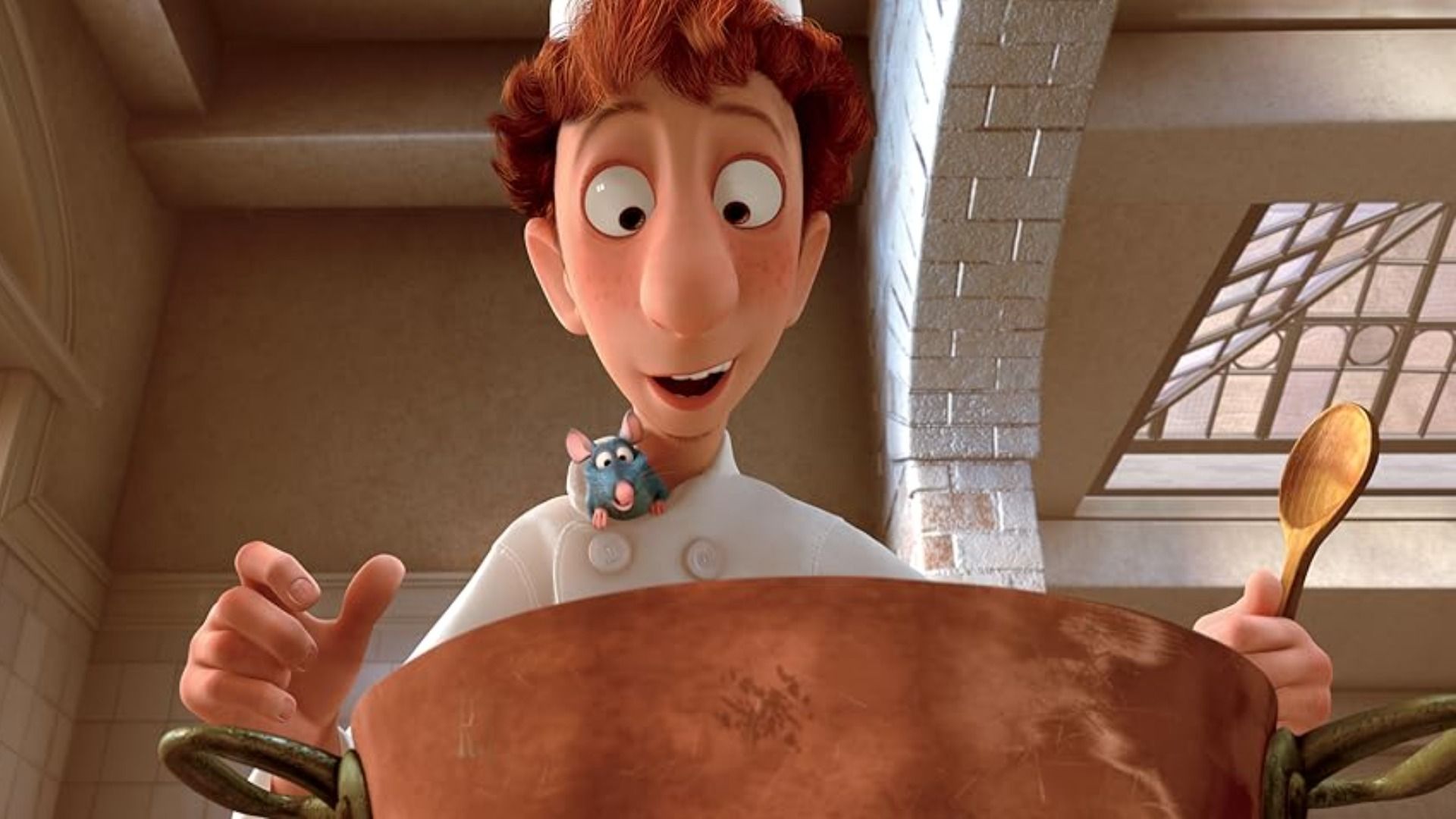 Um rapaz em roupa de chef com um rato no ombro está a cozinhar comida numa panela