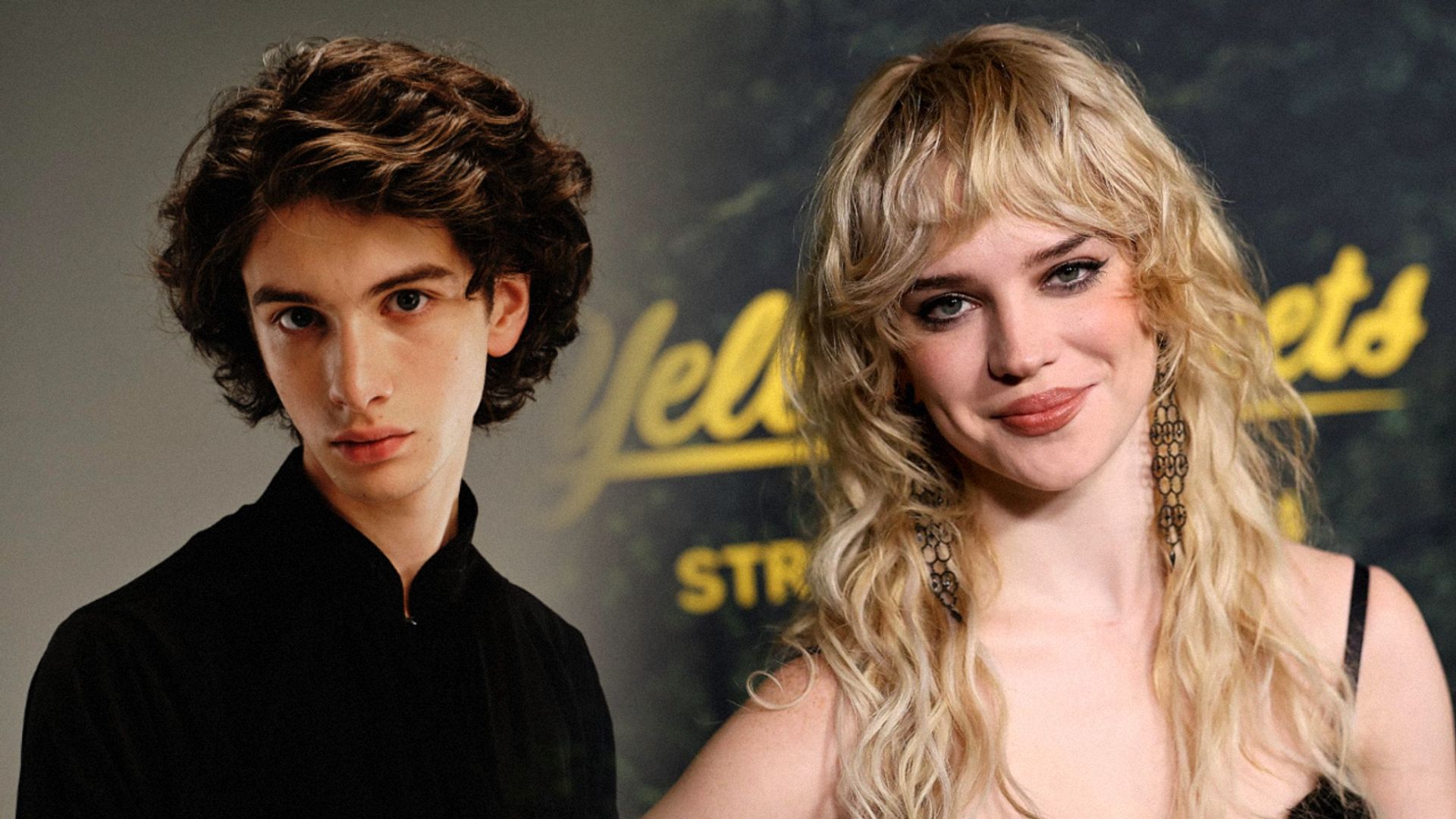 Ator Mark Edelstein numa camisa preta e atriz Sophie Thatcher num vestido preto a sorrir