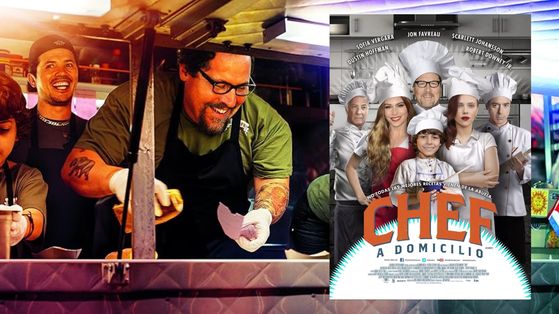 Dois homens cozinhando numa food truck, com um poster de filme por perto mostrando a atriz Scarlett Johansson usando um chapéu de chef
