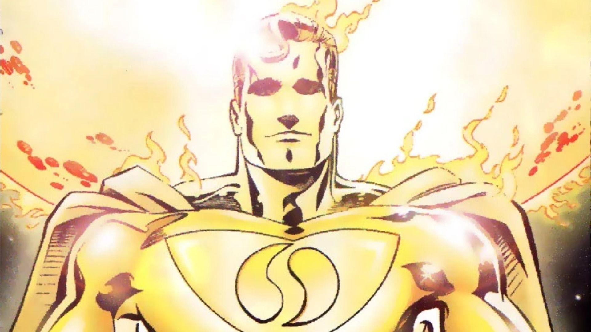 Um super-herói com fato dourado e chamas nos ombros
