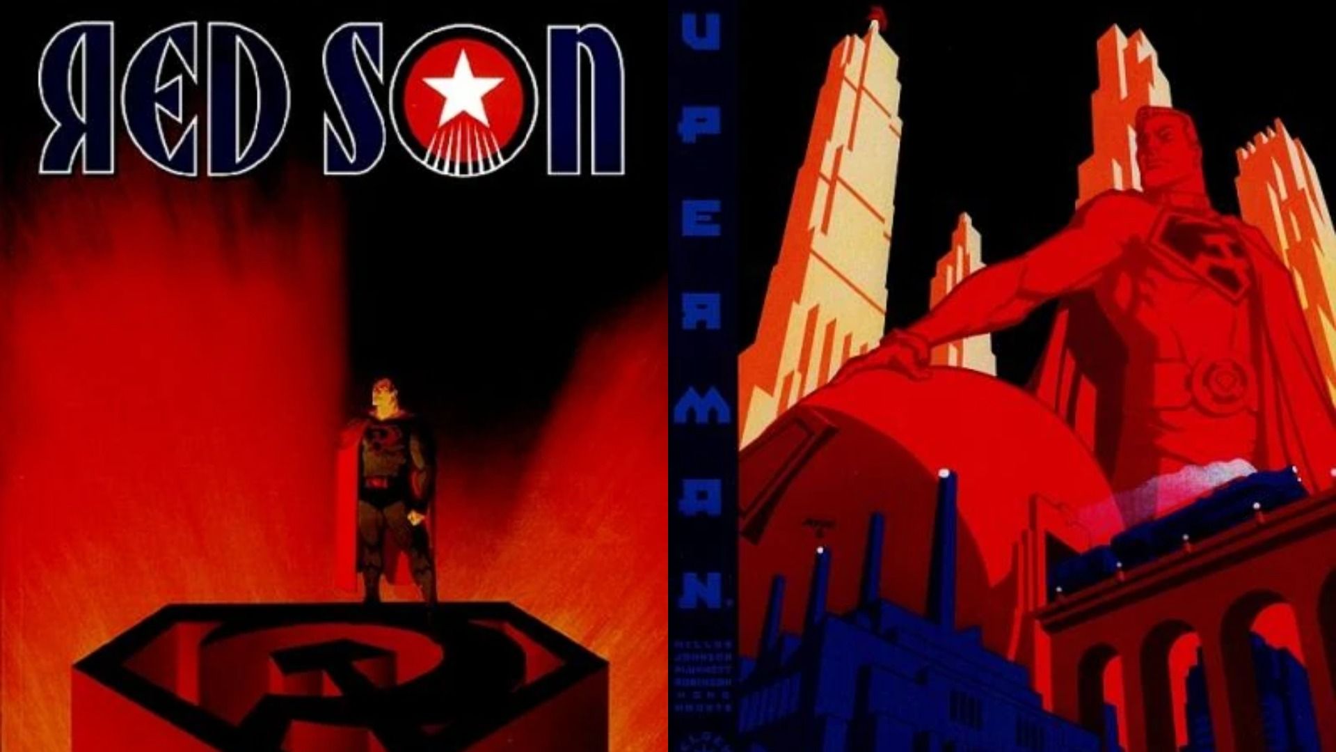 Capas de banda desenhada do Superman onde o super-herói está de pé num pedestal em forma de martelo e foice