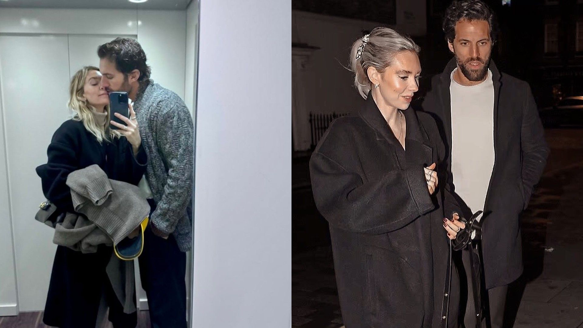 Vanessa Kirby e Paul Rabil à esquerda num elevador, o homem beijando a mulher, à direita caminhando juntos pela rua à noite