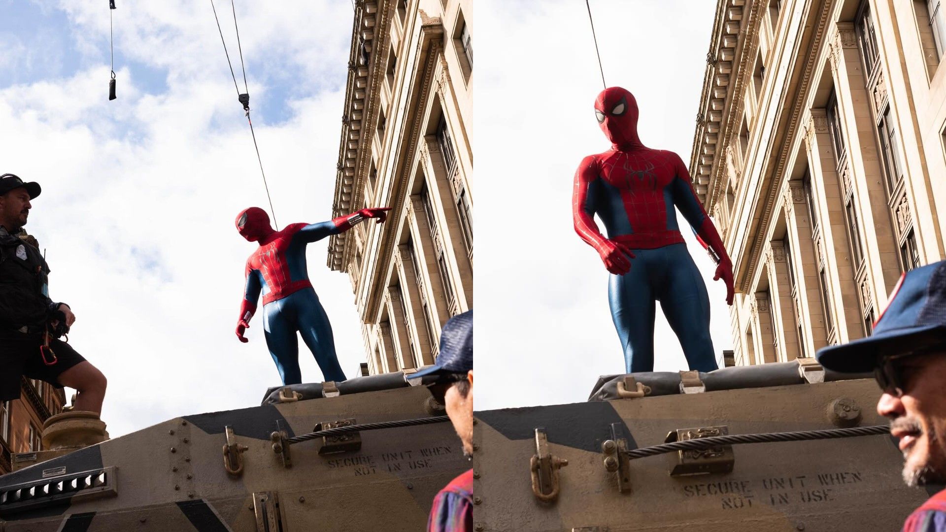 Tom Holland no traje do Homem-Aranha no set do filme