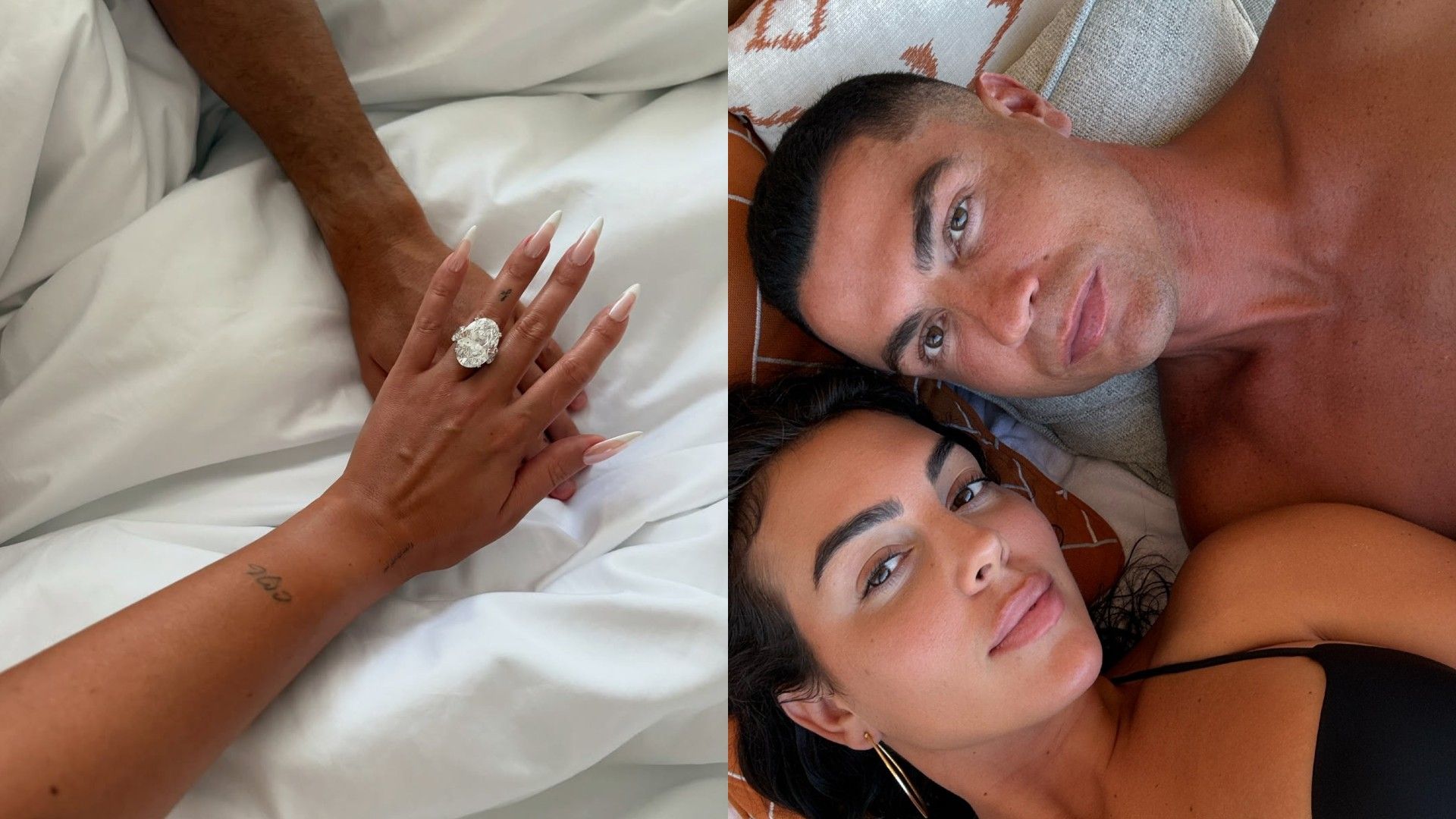 À esquerda, a mão de uma mulher com um grande anel de diamante, à direita, uma selfie de Georgina Rodriguez e Cristiano Ronaldo