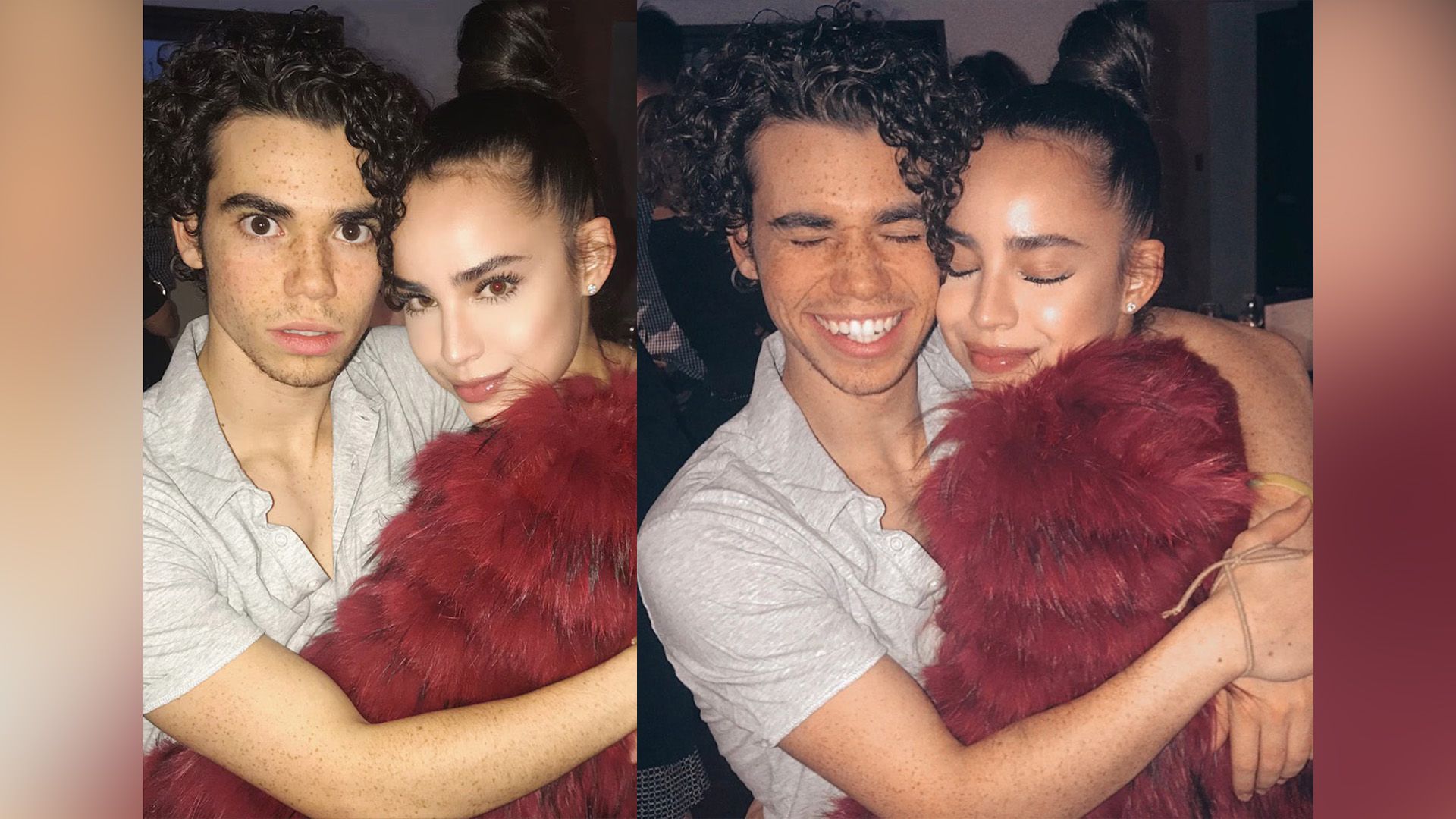 Sofia Carson e Cameron Boyce abraçados e a rirem