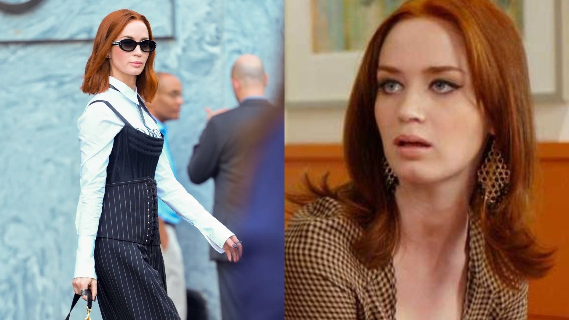 Emily Blunt, colagem de duas fotos: a caminhar pela rua, cena de "The Devil Wears Prada"