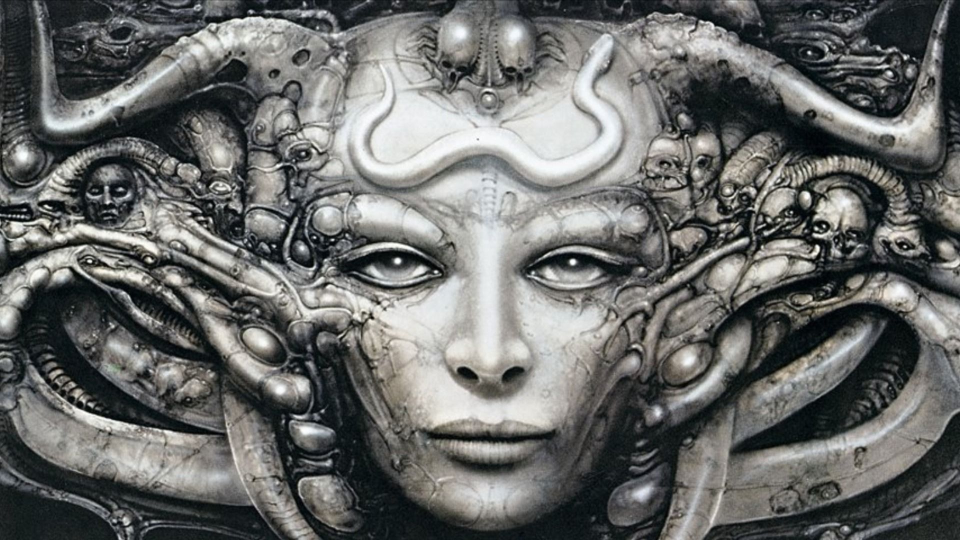 Rosto de rapariga futurista com estruturas mecânicas entrelaçadas