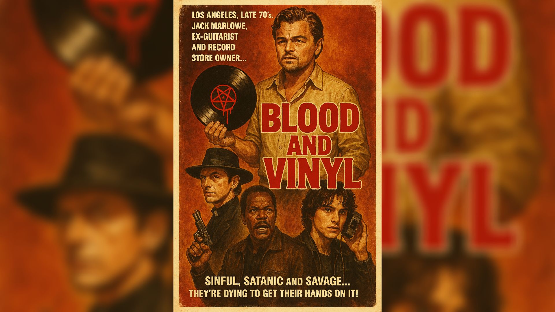 O ator Leonardo DiCaprio ilustrado a segurar um disco de vinil