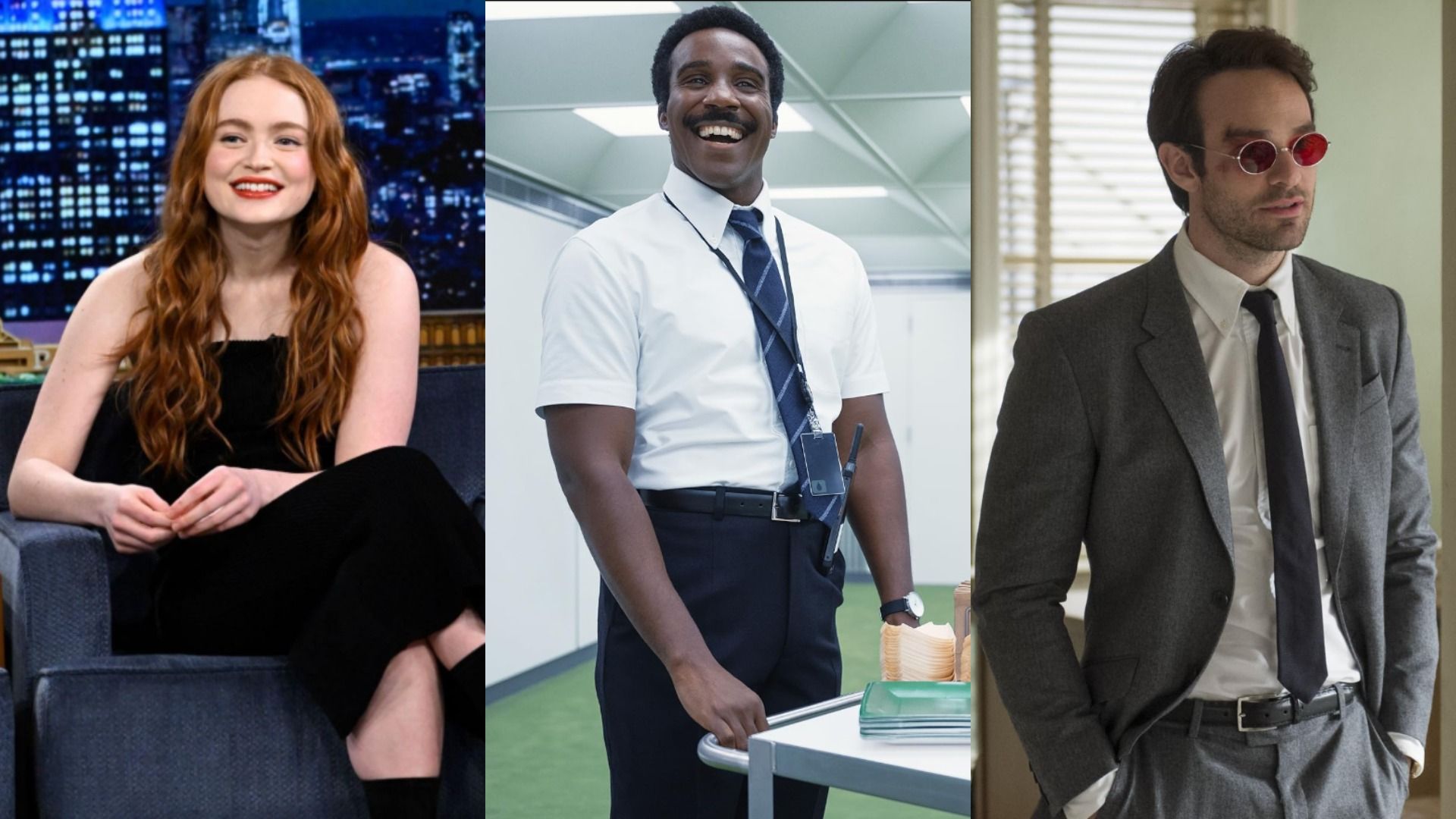 Atores Sadie Sink num vestido preto, Tramell Tillman numa camisa branca e Charlie Cox num fato cinzento