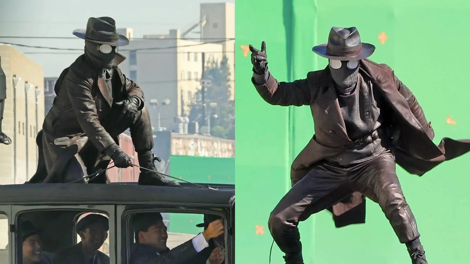 Nicolas Cage com o fato de Spider-Man Noir no set usando um casaco de cabedal e chapéu